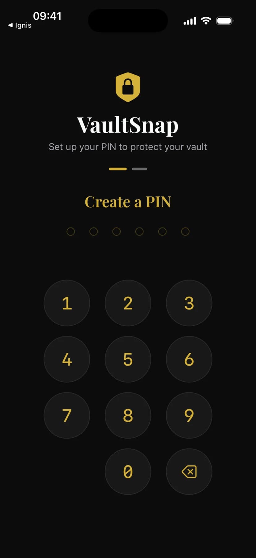 VaultSnap PIN setup screen with a numeric keypad and shield logo