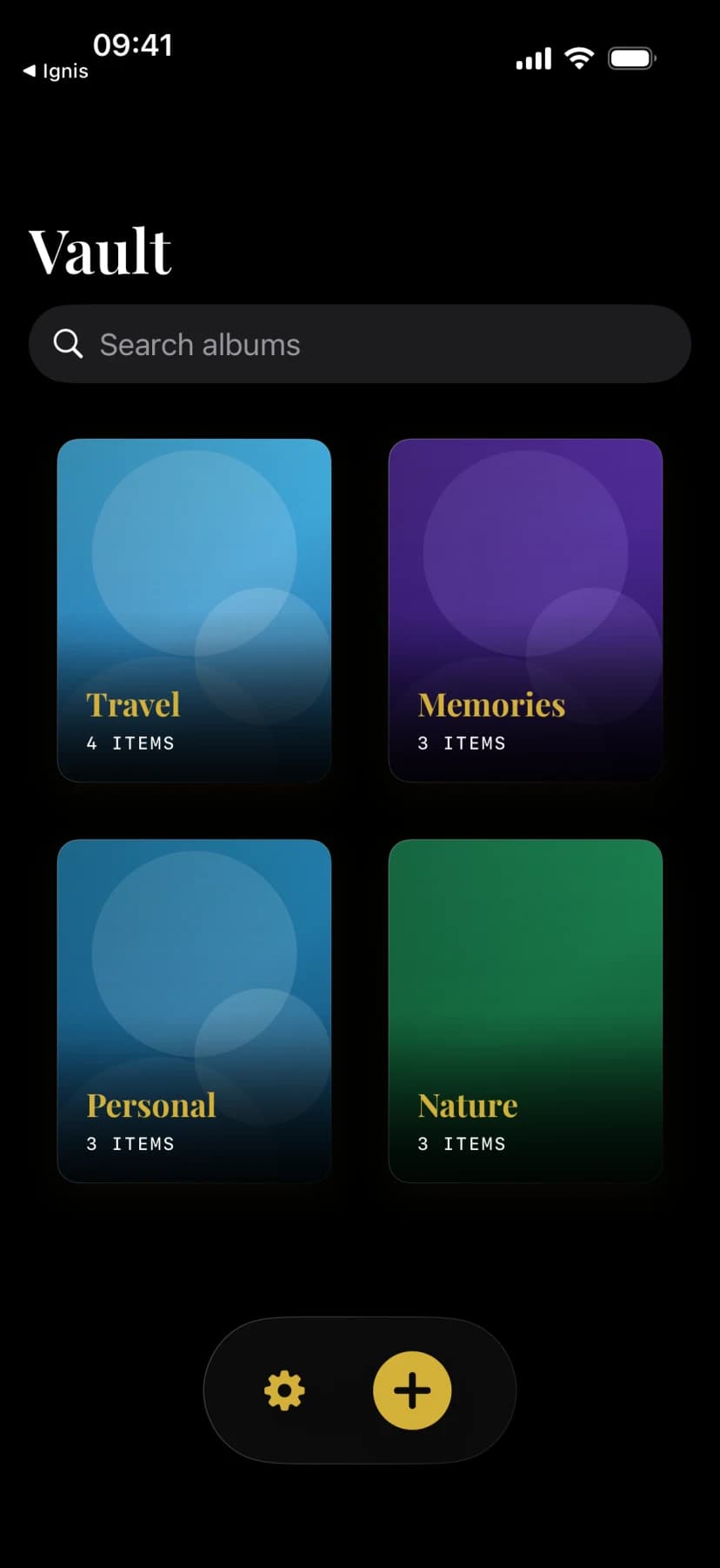 VaultSnap vault screen showing private albums for Travel, Memories, Personal, and Nature