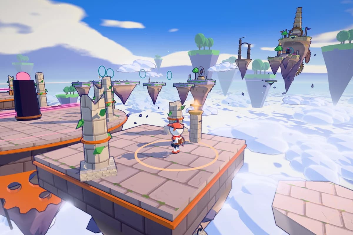 Aether Relay: the small courier robot stands on a stone terrace at the Foundry Gate post, with ruined pillars, floating islands, light rings and the summit island above a sea of clouds.