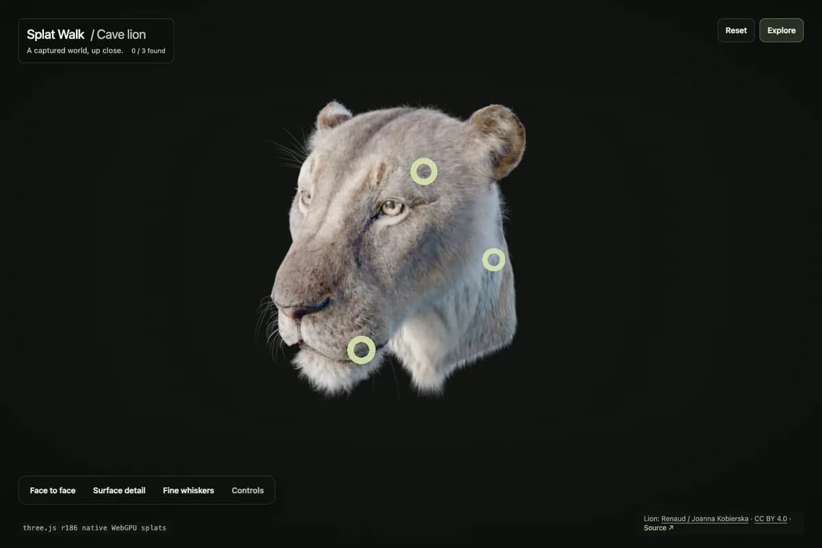 Splat Walk cave-lion capture, with three annotation rings and exploration controls.