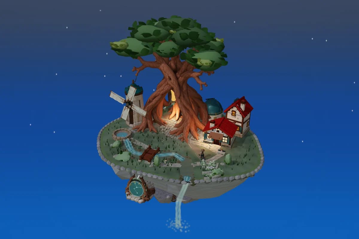 Worldseed floating island fully awakened: the great tree in bloom above a windmill, cottages, an observatory and a waterfall pouring from the underside.