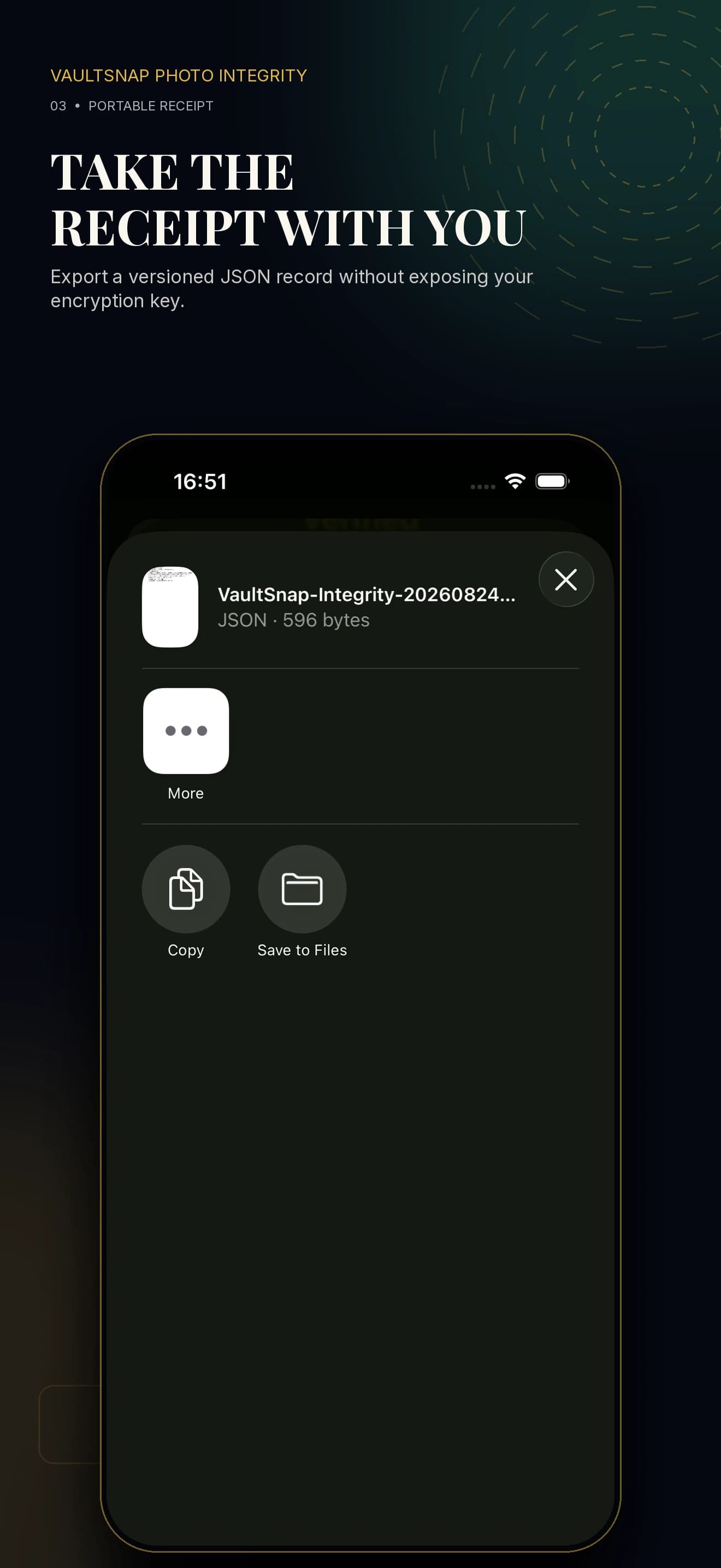 VaultSnap showing a verified SHA-256 integrity receipt and JSON export action