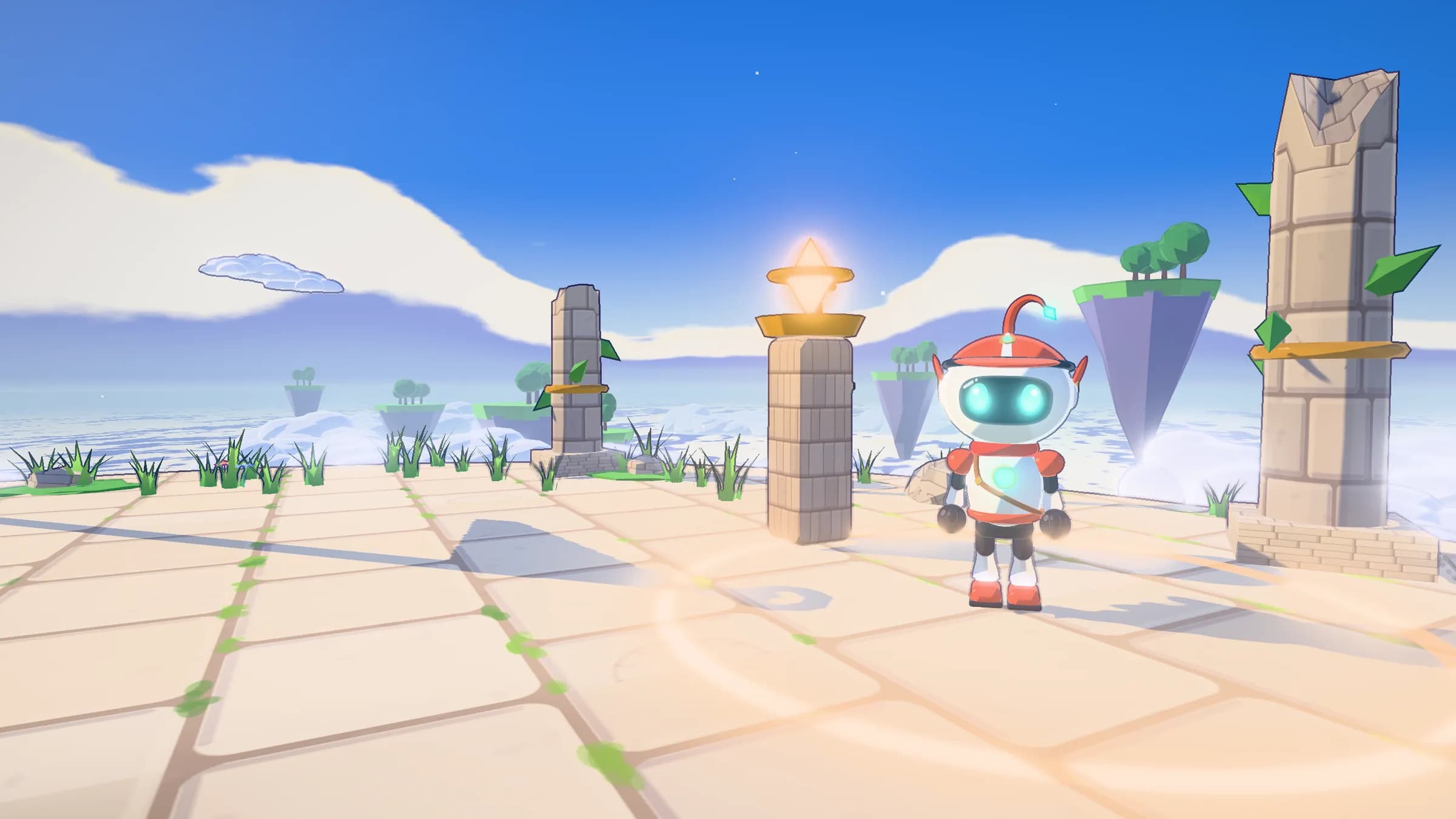 Aether Relay's title scene: the small red and white courier robot stands on a sunlit stone terrace beside a glowing relay post, with broken pillars and floating islands over a sea of clouds.