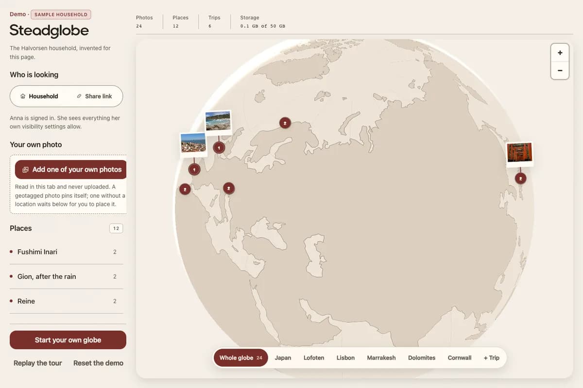 Steadglobe sample household, with a globe, photo pins, and a list of places.